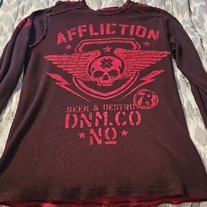 Affliction Vintage Mens Long Sleeve Thermal Reversable- Dark Red